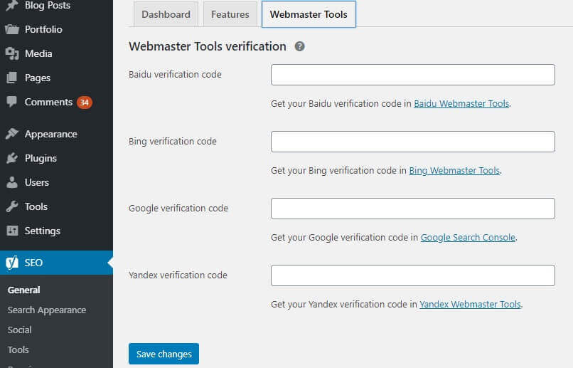 Yoast SEO Webmaster Verification Screen